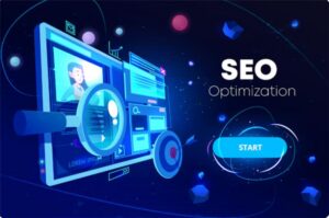 SEO optimization graphic featuring a digital interface with a magnifying glass, user profile, and a "Start" button, relevant to digital marketing strategies discussed in the blog.