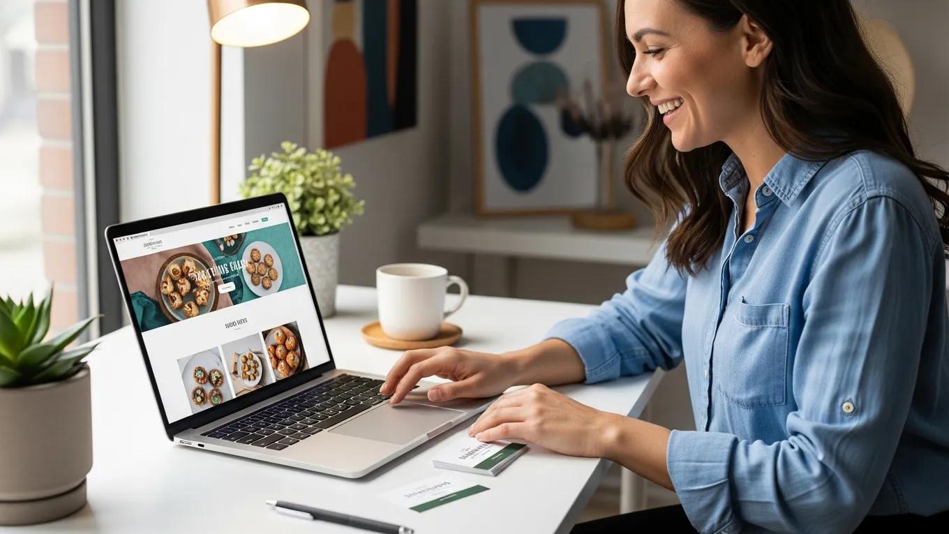 Business owner pleased with their custom website displayed on a laptop in a bright workspace