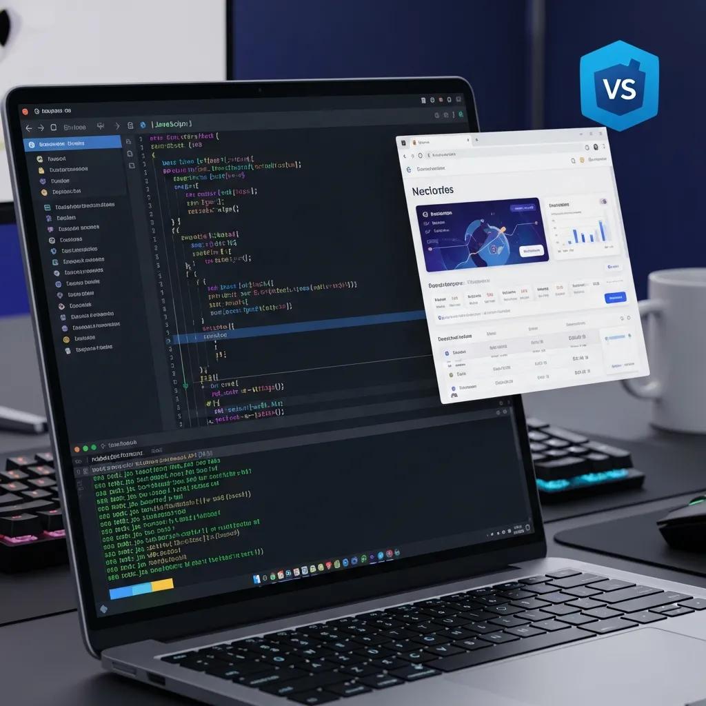 Close-up of a laptop screen with web development code and tools in a tech workspace