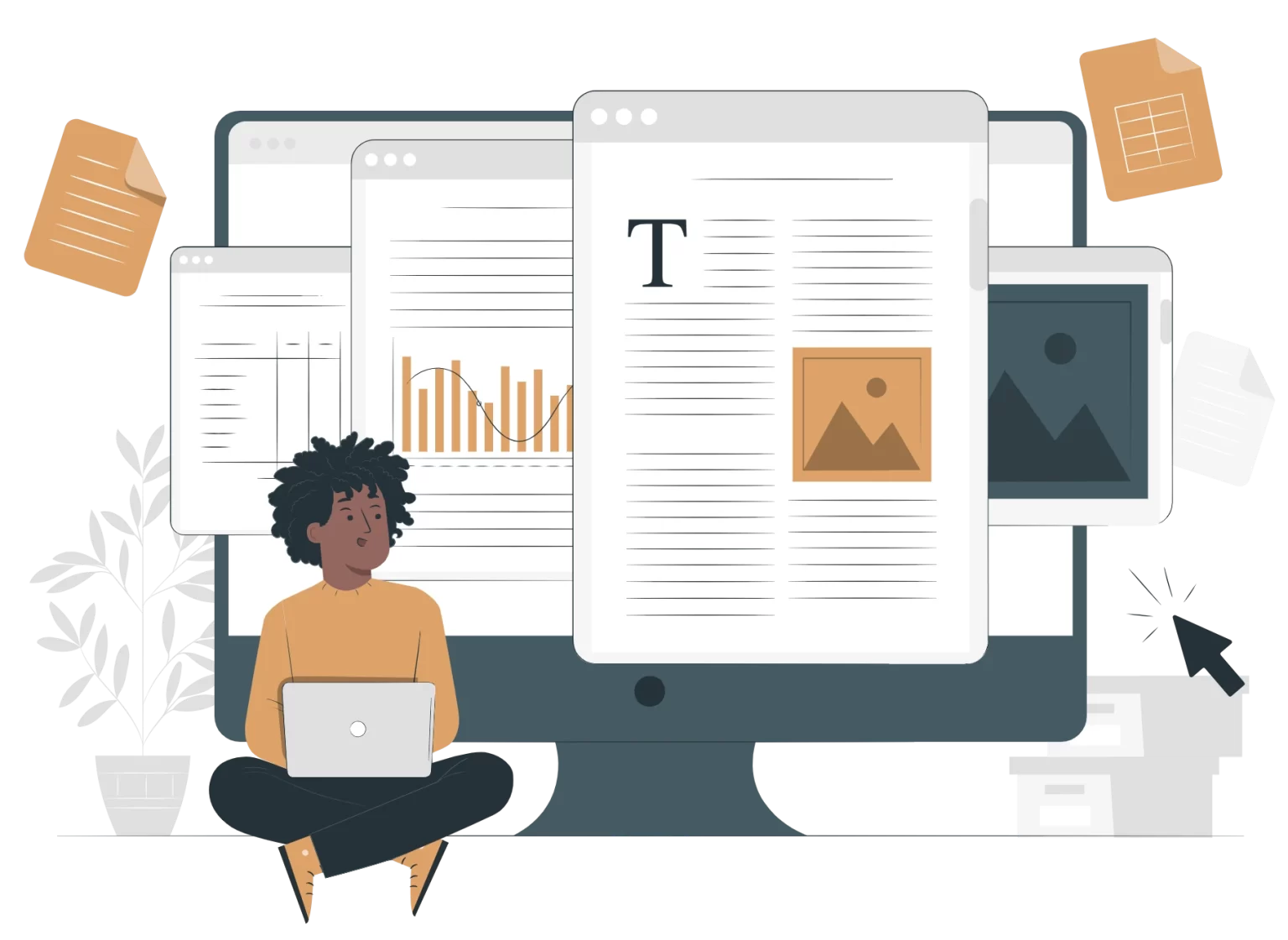 Person with curly hair sitting cross-legged with a laptop, surrounded by multiple computer screens displaying documents, graphs, and images, illustrating digital marketing and website design concepts relevant to OMEGAA's services.
